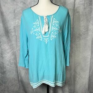 Hannah Robin’s Egg Blue Embroidered Bohemian 3/4 Sleeve Tunic Top - MED
